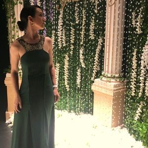 Sachin and Babi dark green formal dress w/ pleating and sequins